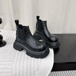 厚底切尔西靴女短靴2025年秋冬新款小个子真皮复古擦色增高烟筒靴