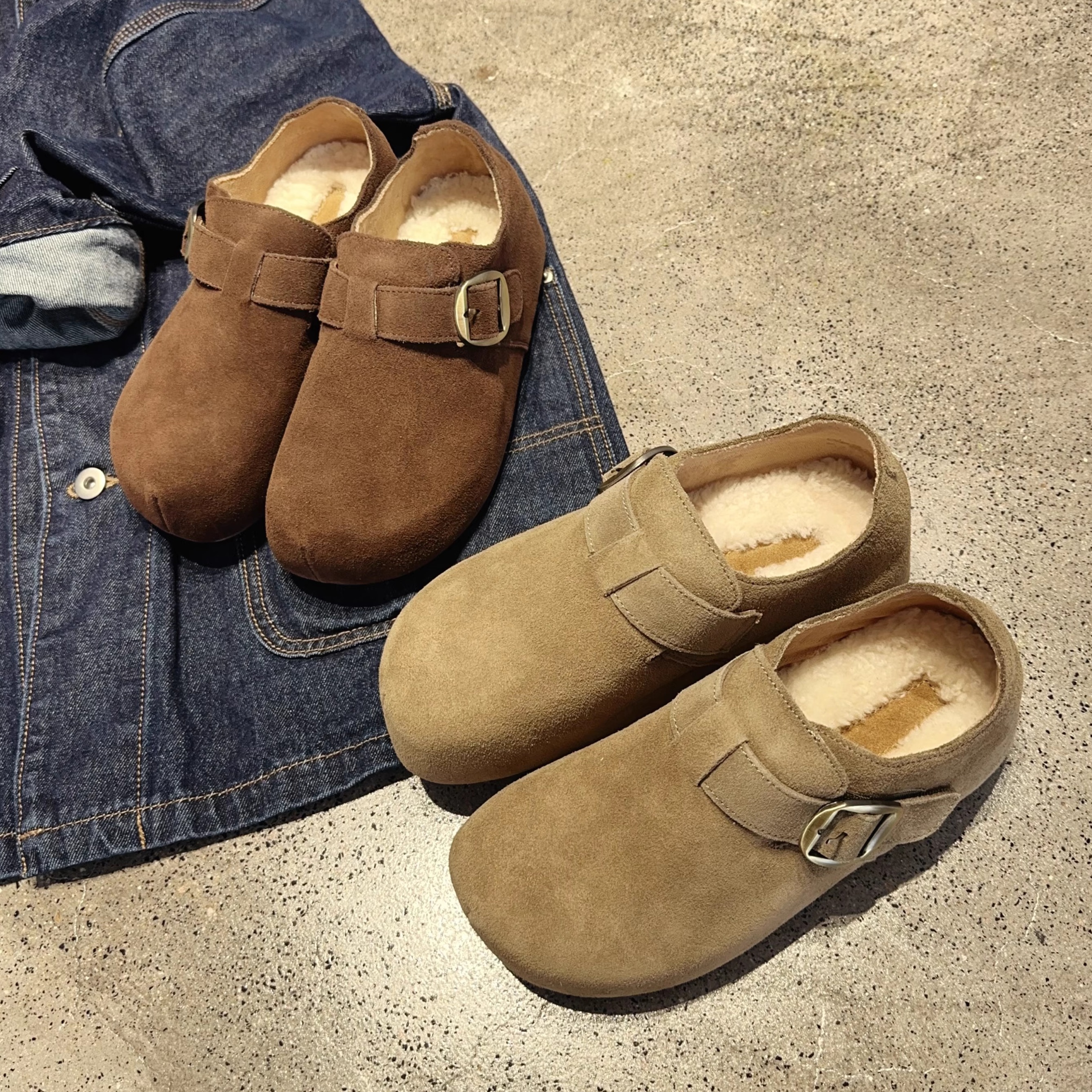 复古真皮加绒勃肯鞋女2025冬季新款厚底增高一脚蹬保暖棉鞋豆豆鞋