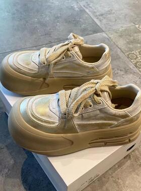 丑萌大头面包鞋女2025秋季新款真皮擦色做旧厚底透气增高休闲板鞋