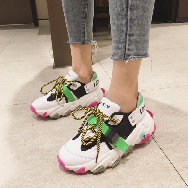 曼斯贝勒老爹鞋女2019秋新真皮网面拼色透气增高厚底运动休闲鞋子11月04日最新优惠