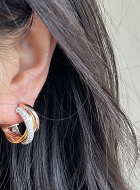 三色耳环拍钻石彩金耳钉钻石耳饰男女耳环百搭素圈合金耳环金包银