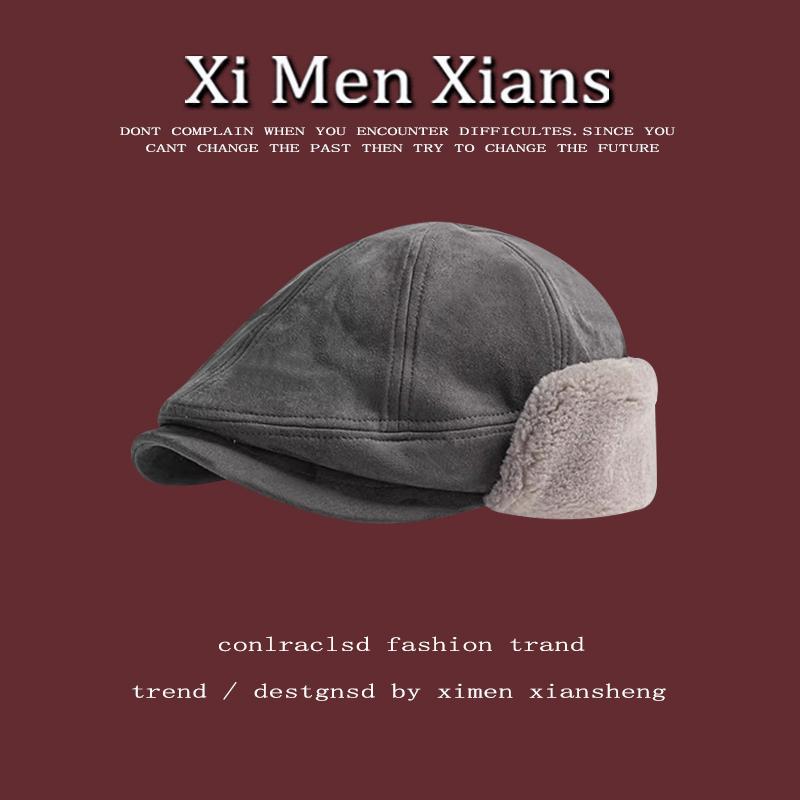 雅痞麂皮绒日系英伦风前进帽男士秋冬护耳保暖个性短檐加绒压嘴帽