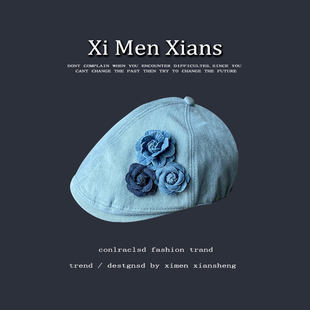 原创可爱甜美前进帽子女水洗做旧牛仔蓝立体花朵反带贝雷画家报童