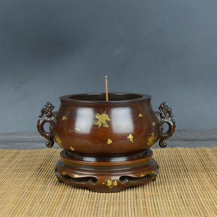 苏工点金红铜色双耳纯铜香炉大明宣德套炉带底座线香立香家居香炉