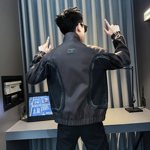 JK240-P128 控168 秋冬新款小伙店主风拼牛仔皮衣夹克男外套 黑图片