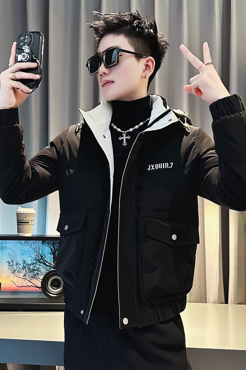 CF75-P138控178社会小伙ins连帽衣外套修身服男黑1,男装棉衣,电商A343