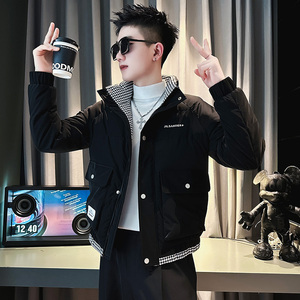 CF77-P138控178社会小伙ins棉衣外套修身格子拼接棉服男黑4,老款轻薄羽绒服搭配图片图片
