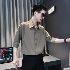 CS282-P58 控78 夏季五分袖衬衫社会小伙潮流男短袖衬衣 卡其2图片
