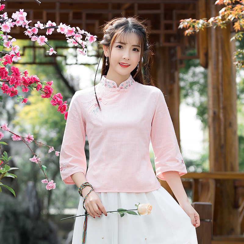 包邮春夏装民族风七分袖绣花立领衬衫修身显瘦棉麻衬衣休闲旗袍衫|ruв категории Женская одежда, рубашка - от Buy2taobao.com для оказания профессиональной услуги покупки агента Taobao
