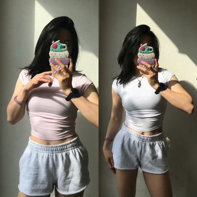 Morningoolala Cropped Mini T-Shirt 露脐紧身高弹圆领短袖 女