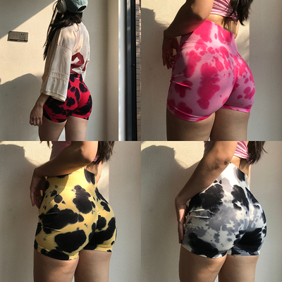 Morningoolala 显眼包扎染欧美高腰蜜桃显臀健身训练短裤 女