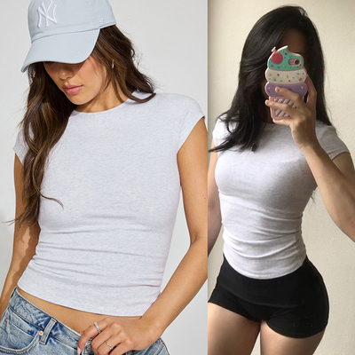 Morningoolala 加拿大Sleek Crewneck T 夏紧身弹力短袖 女 花灰