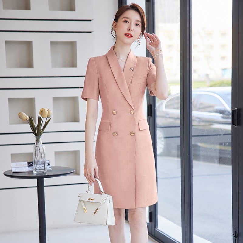 夏季西装连衣裙女短袖收腰职业装粉色气质时尚女神范美容院工作服