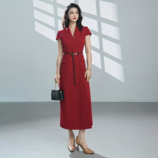场合气质端庄长裙 优雅气质收腰正式 高级感红色连衣裙2025夏季 新款