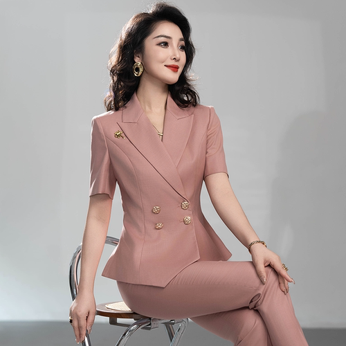 粉色西装套装女夏季薄款工作服