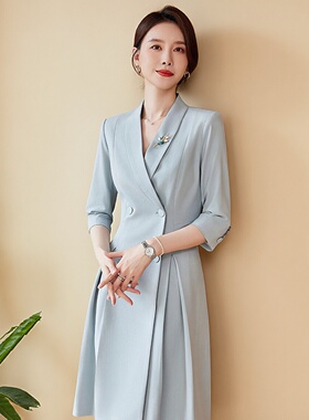 主持人西装连衣裙演讲服装女蓝色商务正装礼服时尚收腰正装西装裙