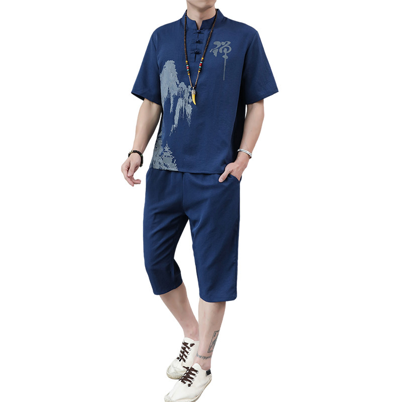 风男夏季男士套装汉服唐装6分裤足浴采耳按摩工作服H1689P45,男装休闲套装,星座1010A-1