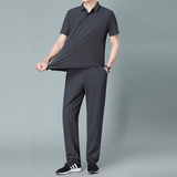 休闲运动套装男中年透气短袖T恤长裤冰丝无痕弹力两件套薄5605P85，男装休闲套装，星座1010A-1