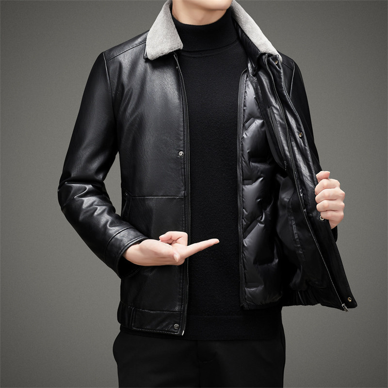 脱卸内胆羽绒服男中年翻领真毛领PU皮夹克羽绒冬装外套2217P225,男装羽绒服,星座1010A-1