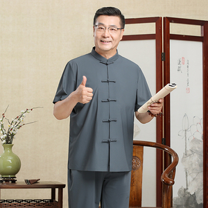 【牛奶丝】风夏季男装套装冰丝唐装盘扣爸爸装短袖5806P110图片