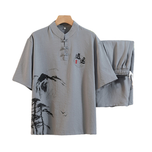 风两件套夏季短袖套装男士汉服衣服禅服唐装6分裤H1687P45图片