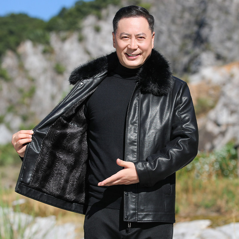 中老年皮夹克棉衣男加绒加厚爸爸装外套皮棉袄毛领棉服M2090P110图片