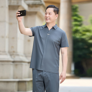 夏季冰丝短袖两件套装男中老年高弹力翻领T恤长裤男爸爸装5808P85图片