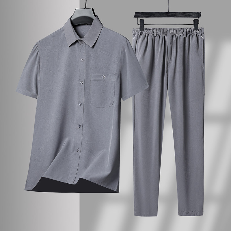爸爸夏装两件套中老年人男士短袖衬衫爷爷装薄款休闲套装2191P60，男装休闲套装，星座1010A-1