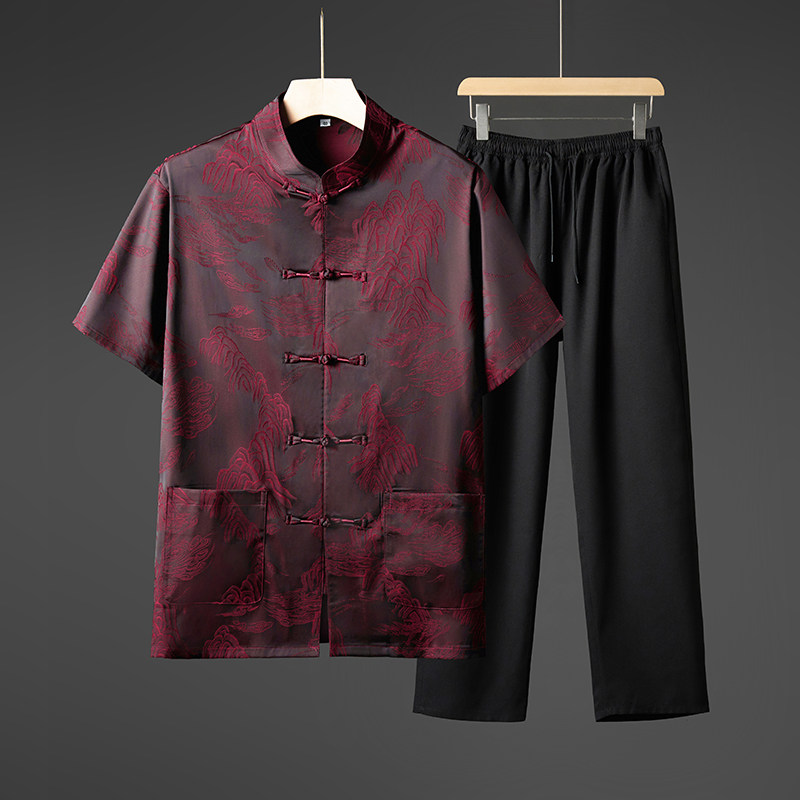 夏季唐装短袖冰丝套装男长裤风爸爸两件套装T603P50单件批35，男装休闲套装，星座1010A-1