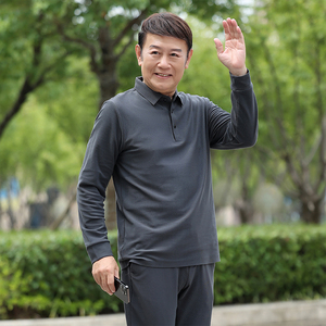 中老年休闲灯芯绒长袖POLO衫长裤子春秋长袖翻领T恤套装男5607P98图片
