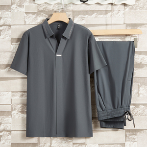 高品质 冰丝翻领短袖长裤男装两件套装无痕夏季薄款爸爸装5808P85,男装中老年男装,星座1010A-1