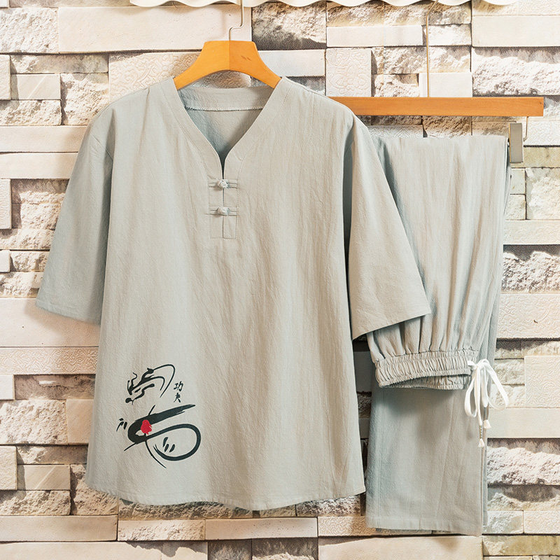 短袖t恤男夏季半袖风体恤唐装复古印花棉套装男装衣服T102P48，男装休闲套装，星座1010A-1
