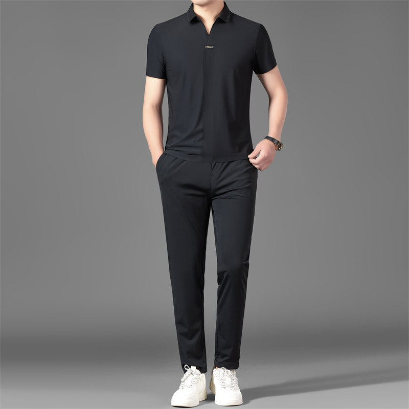 新款休闲运动套装男夏季薄款中年弹力冰丝宽松男士两件套5808P85，男装中老年男装，星座1010A-1