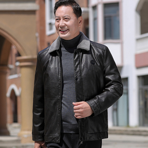 中老年商务休闲羽绒绒服男可脱卸内胆PU皮夹克羽绒真毛领2217P225图片