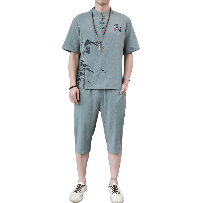 风套装男装夏季短袖t恤薄款唐装6分裤中裤工作服H1687P45,男装休闲套装,星座1010A-1