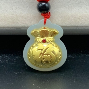 金鑲玉和田玉福袋錢袋吊墜玉石原石鑲嵌足金黃金項(xiàng)鏈男女寶寶兒童