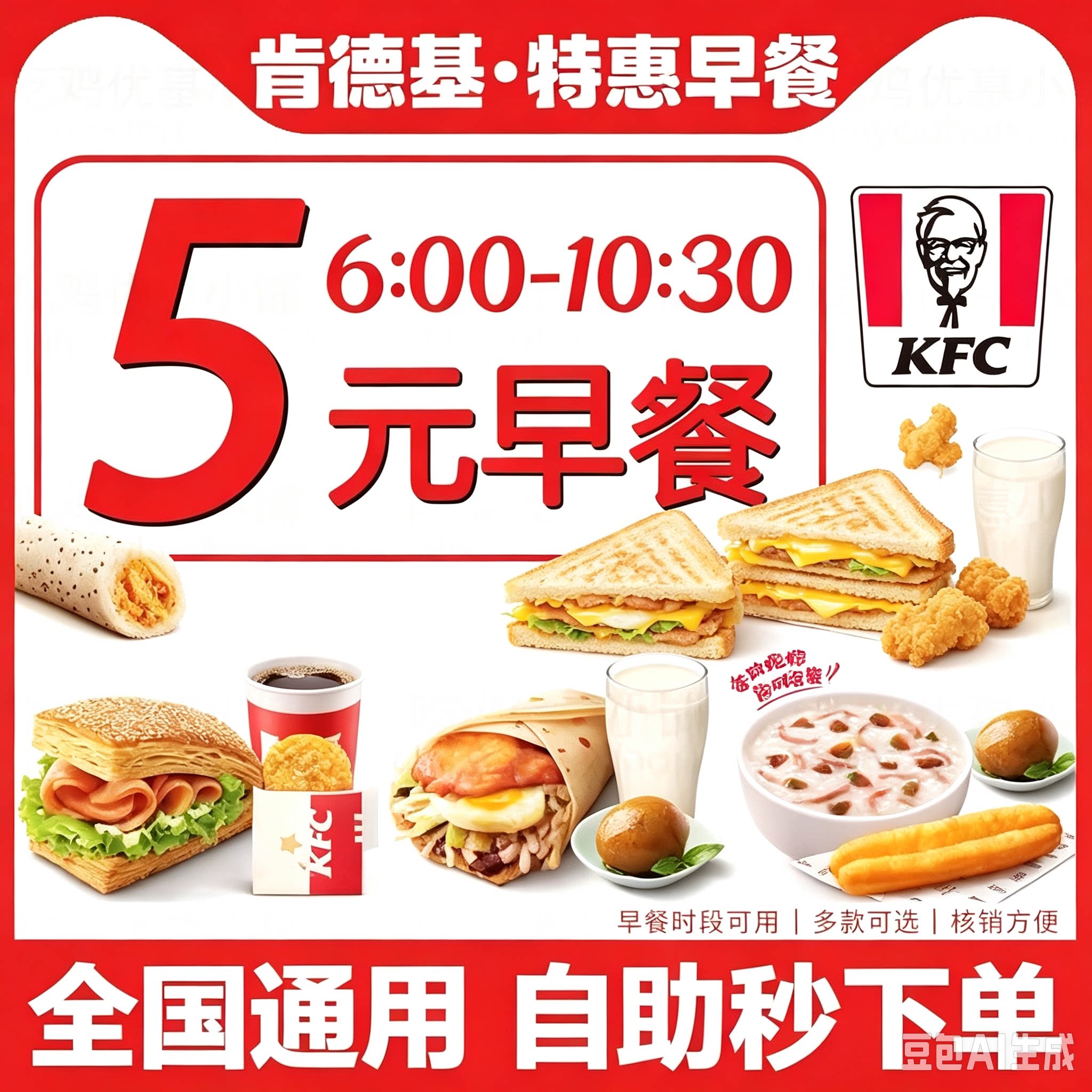 KFC肯德基早餐优惠券帕尼尼豆浆油条太阳蛋皮蛋瘦肉粥大饼卷烧饼