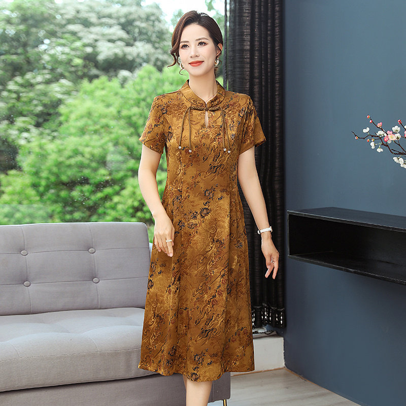 中年妈妈棉麻时尚洋气百搭连衣裙修身显瘦短袖大摆中长款连衣裙