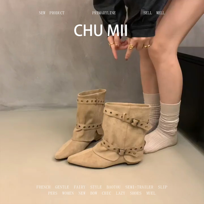 真皮粗跟马丁靴皮带扣百搭短靴