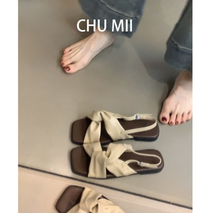 温柔晚风沙滩鞋 羊皮版 女方头平底交叉带罗马凉鞋 法式 复古凉拖鞋