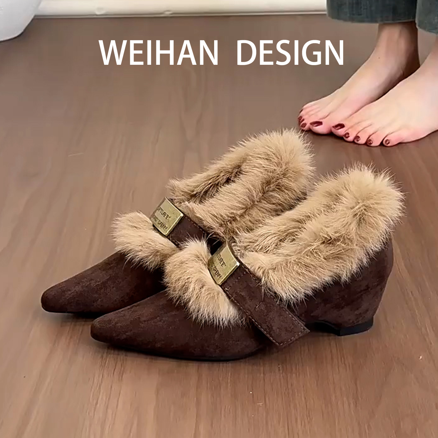 增高绒面单鞋金属扣保暖穆勒鞋