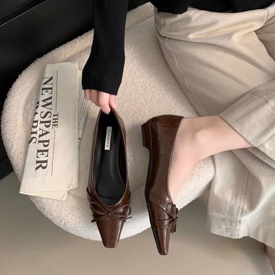 羊皮版！韩版温柔尖头交叉蝴蝶结低跟女鞋2025新款浅口百搭单鞋