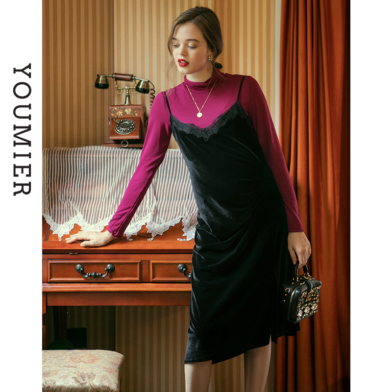 【专区2件5折】优密儿孕妇装秋季新款孕妇丝绒吊带裙蕾丝