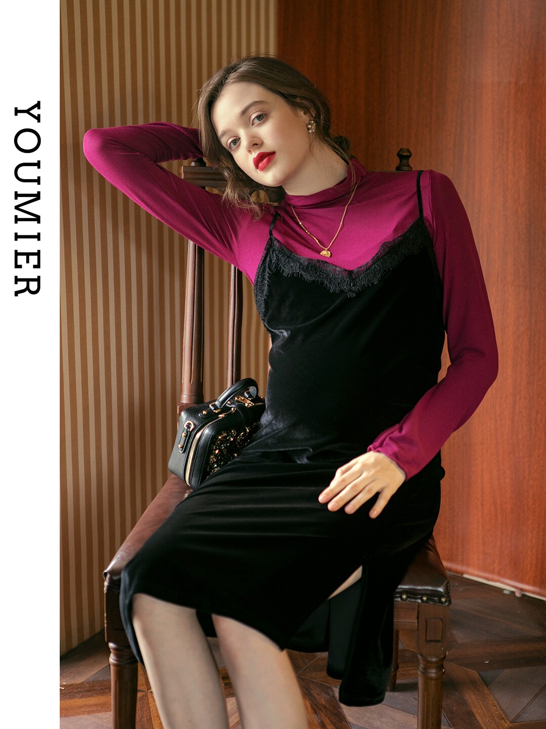 [SPECIAL AREA 2 PIECES 5% OFF] UMIL MATERNITY CLOTHES AUTUMN NEW PREGNANT WOMEN VELVET SUNDRESS LACE