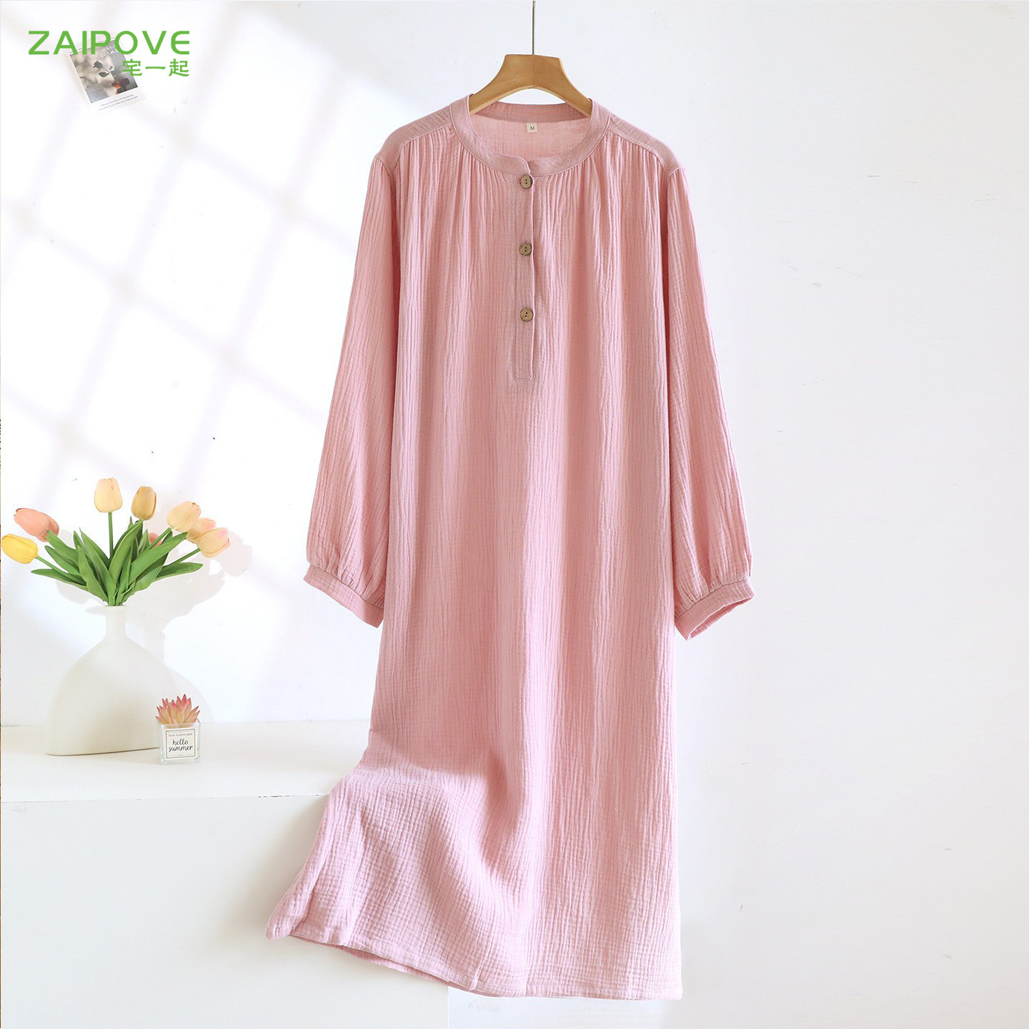 宅一起纯棉双层纱长袖睡裙女秋冬季全棉长裙睡衣大码可外穿家居服