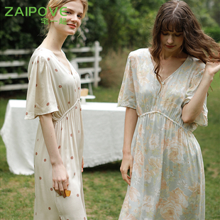 宅一起棉绸短袖睡裙女夏季绵绸温柔风睡衣长裙人造棉收腰显瘦薄款