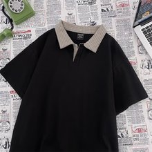 千鸟格拼接POLO衫短袖男夏季新款老钱风穿搭翻领T恤正肩美式半袖