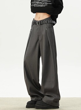 美式高级设计感阔腿西装休闲裤男女宽松垂感复古街头柳钉褶布长裤