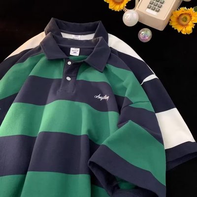 条纹polo衫男美式高街纯棉夏季美
