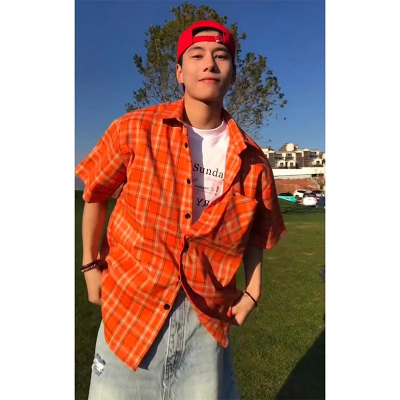 美式橙色格子纹短袖衬衫男夏季宽